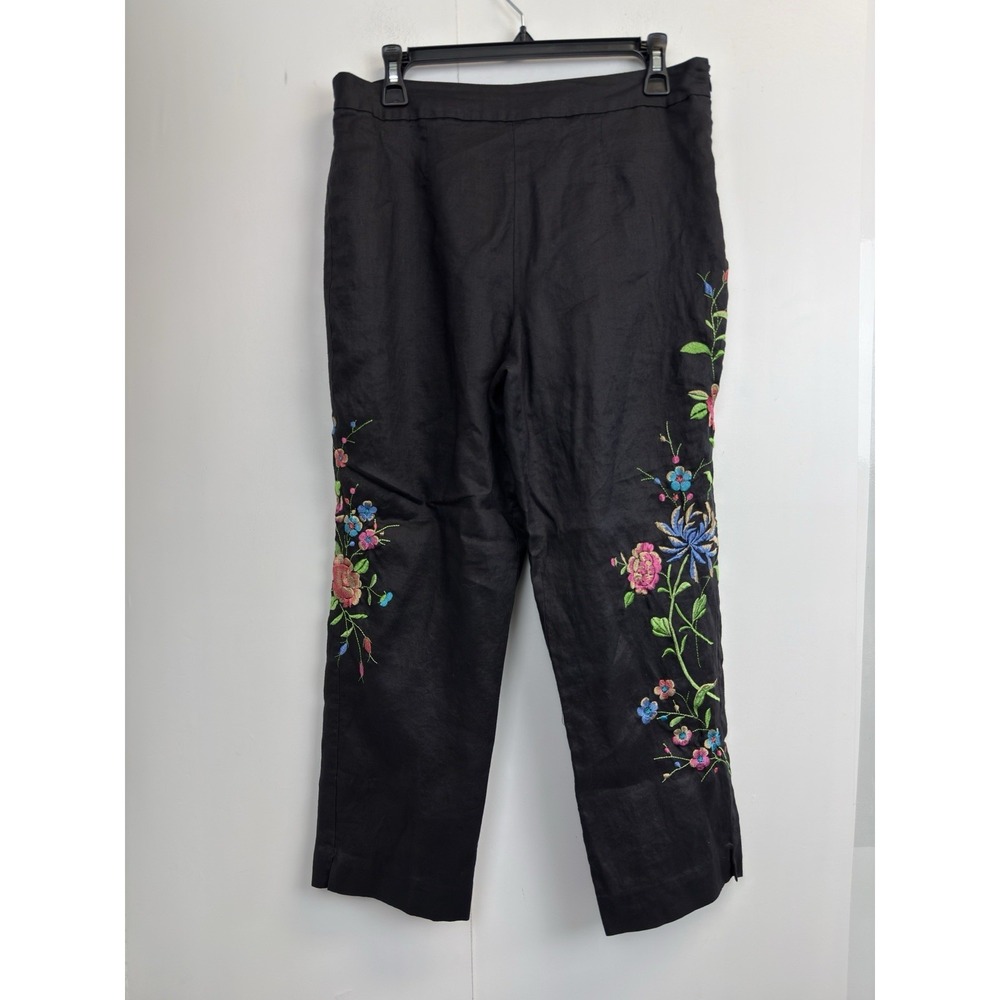 Allison Taylor Women's 10 Linen Cropped Pants Lined Embroidered Floral‎ Black